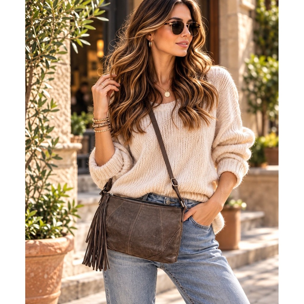 Hobo The Original Brown Leather Crossbody Bag Tassel Boho Western Purse